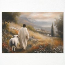 Jesus Leaves The 99 Sheep Wall Art, Jesus and Lamb Canvas Poster, Christian T...