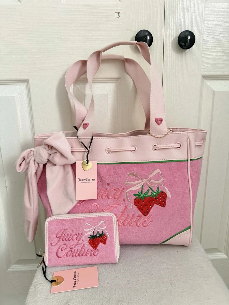Juicy Couture Pink Strawberry Embroidered Tote Bag with Bow, Coin