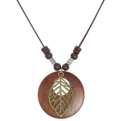 Retro Style Life Tree Leaf Wooden Circle Pendant Necklace