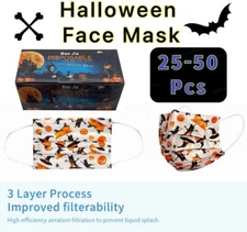 25/50 Pcs Halloween White Disposable Face Mask Three Ply Ear-Loop Mouth Cover