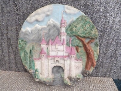 vintage plaque with fairy tale castle 3D round 10;5'' dia. heavy composite
