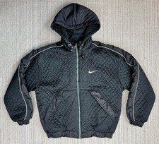 Vintage Nike Mens Large 12-14 Black Quilted Puffer Bomber Jacket Full Zip Hooded