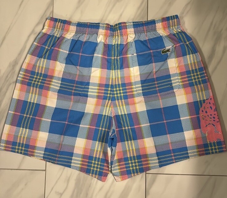 Lacoste Men's Big Croc Plaid Swim Shorts Blue Pink White Yellow Large New thumbnail 3