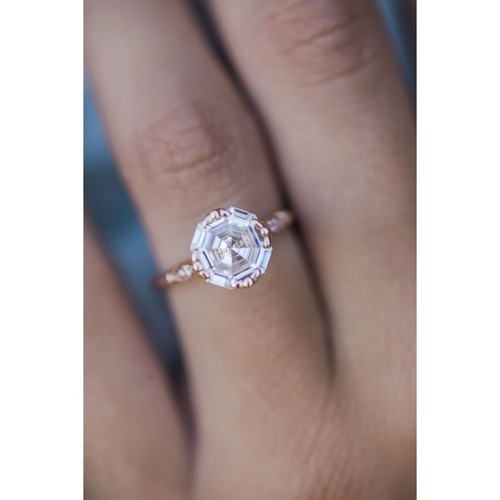 Fish Tail Prong Octagon Step Cut Moissanite Engagement Ring 14K Rose Gold Plated - Picture 2 of 8