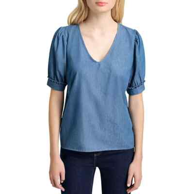 Draper James Women's V-Neck Puff Short Sleeve Top Size XS Chambray