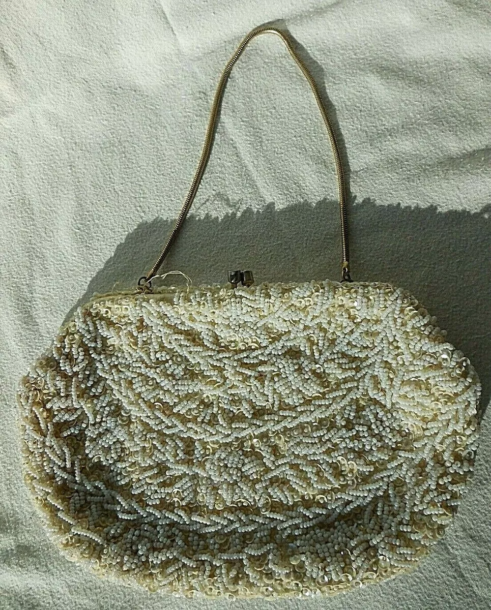 Vintage La Regale LTD White Beaded Evening Bag With Gold 