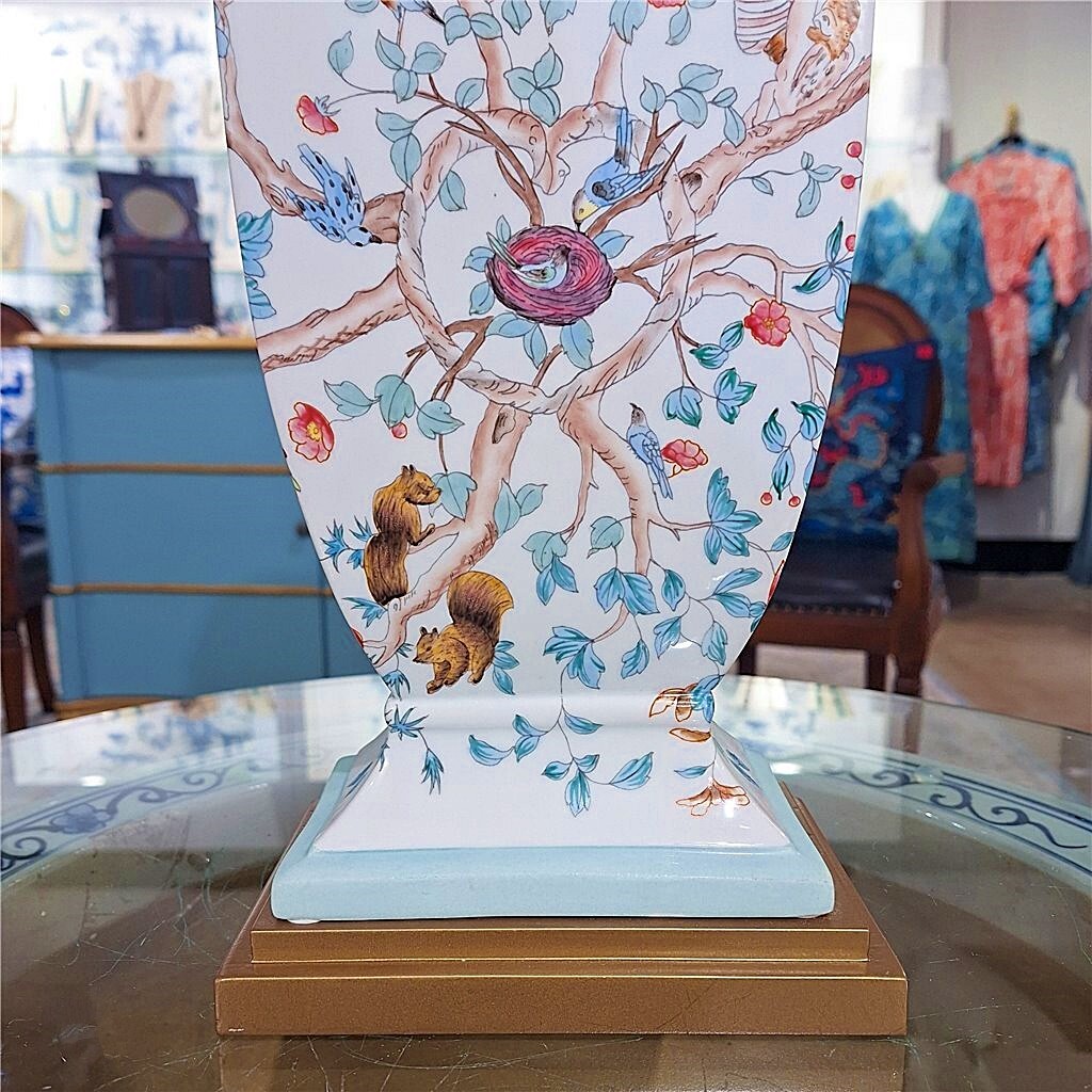 Blue, White Chinoiserie Baluster Lamp.Bronze Accents.Hand Painted.With Lampshade