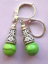 green HOWLITE TURQUOISE BALI Style earring SP LEVERBACK artisan X2
