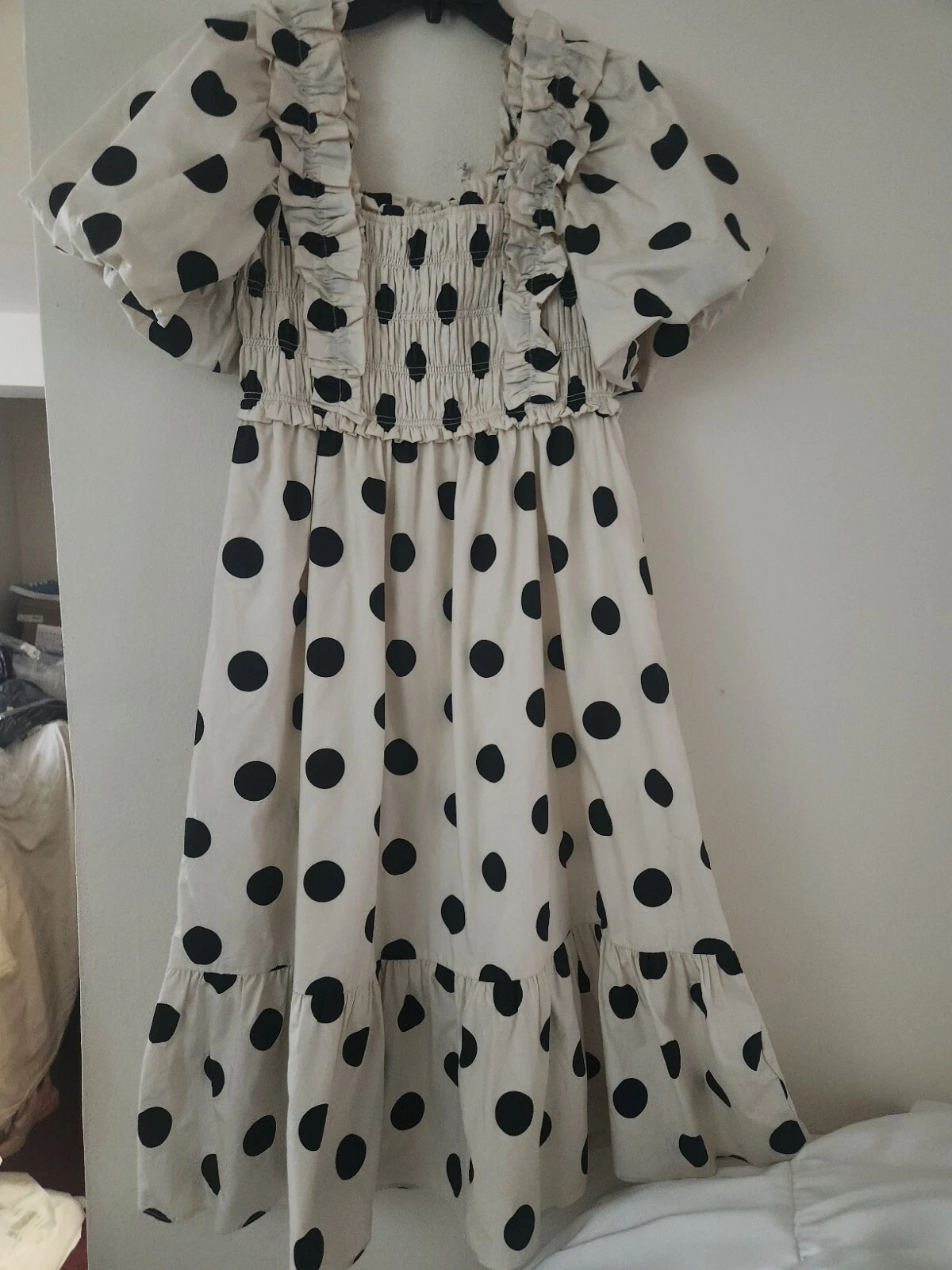 OFF WHITE Abito midi a pois a pois inglese smockato in fabbrica bianco con punti neri taglia M