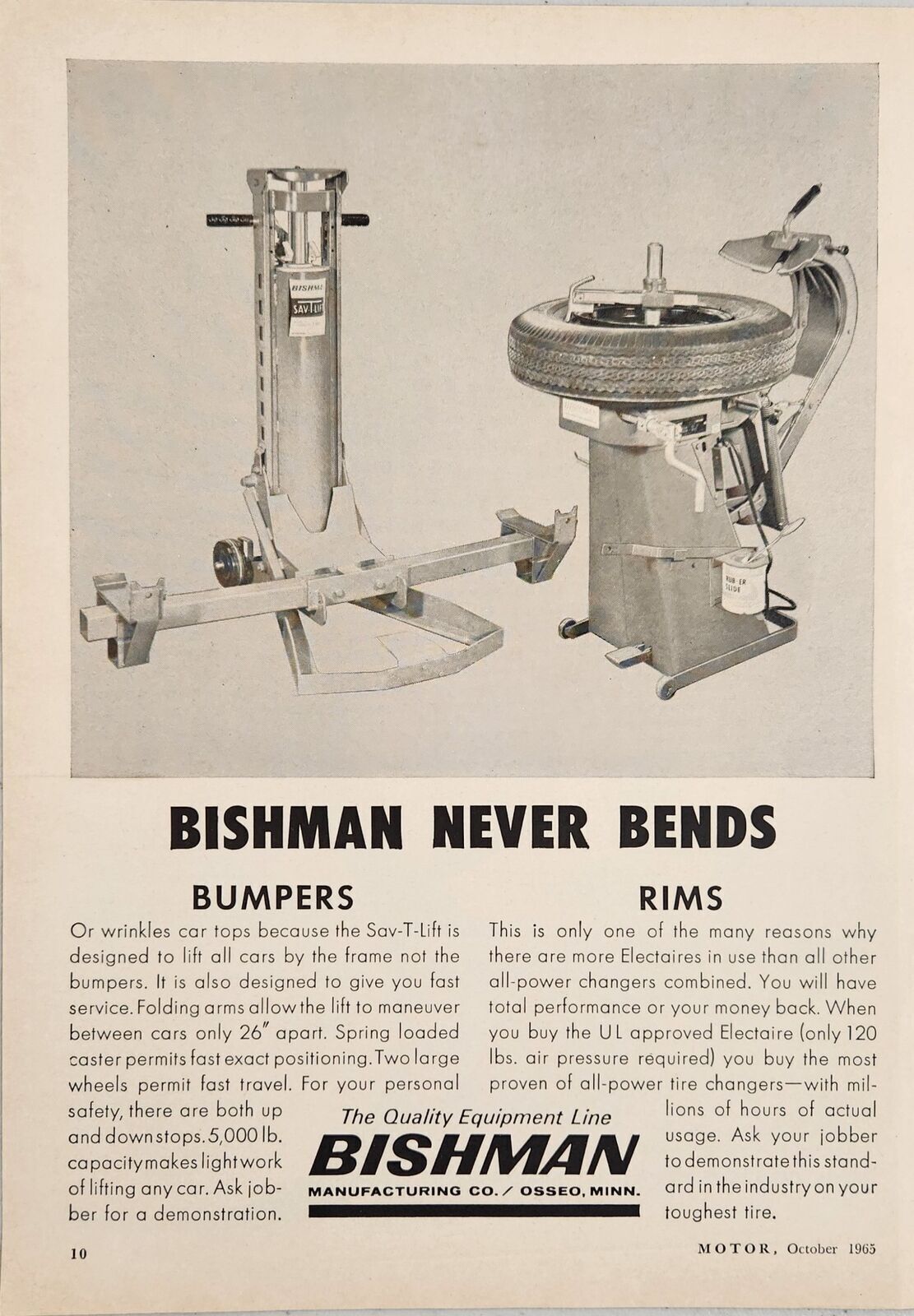 1965 Print Ad Bishman SavTLift Raises Cars & Electaire Tire Changer
