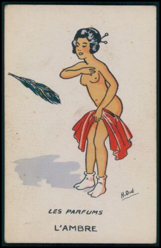 art Did geisha Japon femme nue ambre parfum pochoir original ancien 1920 carte postale - Photo 1 sur 2