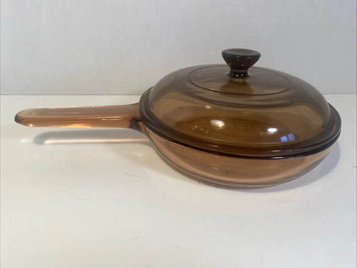 Vision Corning Ware 7" Waffle Bottom Skillet Pan w/Lid Amber Brown France Pyrex