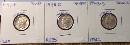 1943-P MINT STATE / 1943-D ALMOST UNC / 1943-S MINT STATE SILVER MERCURY DIMES