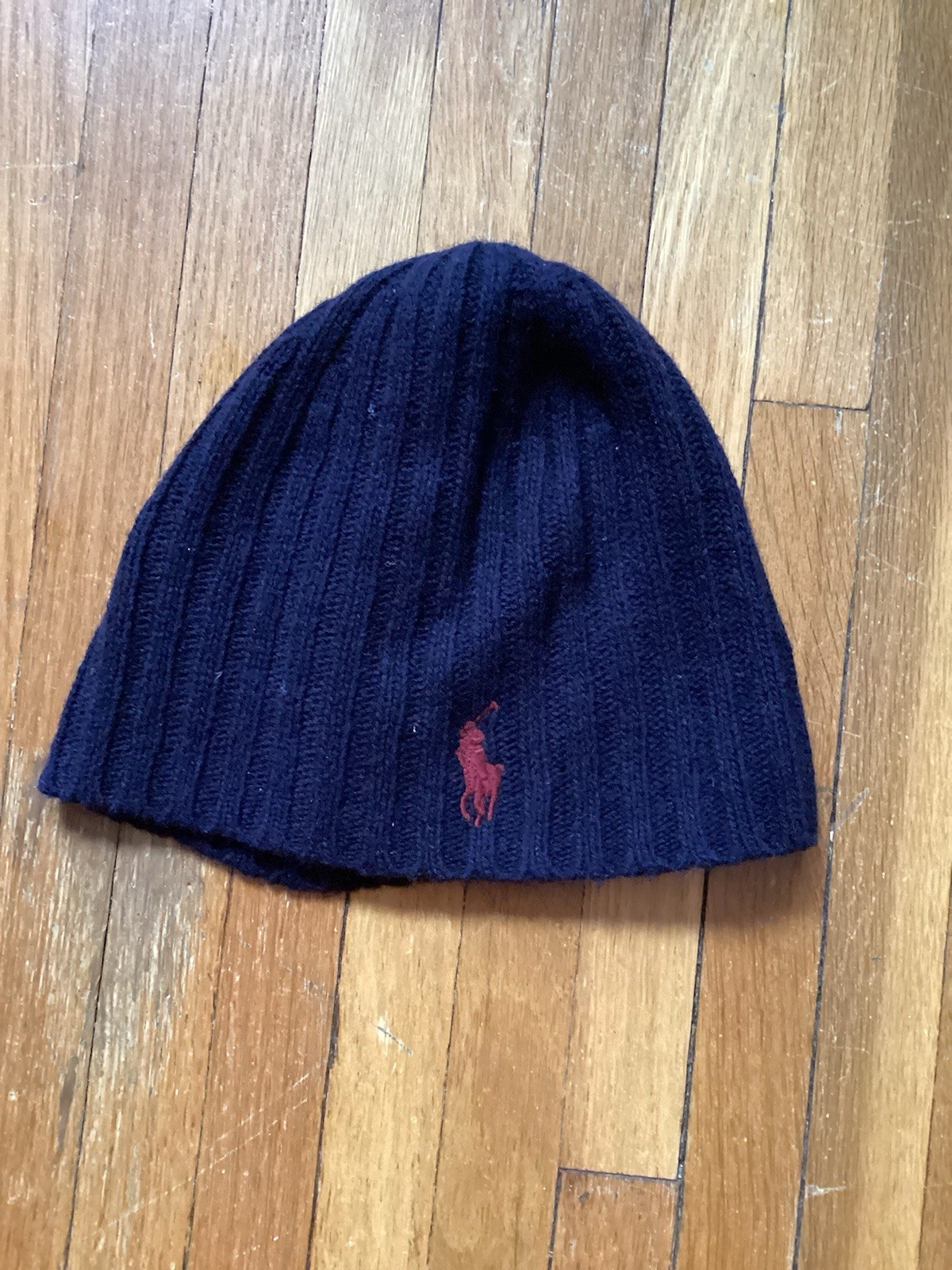 Cappello Polo Ralph Lauren uomo taglia unica blu navy a costine rosso logo pony lavorato a maglia come nuovo