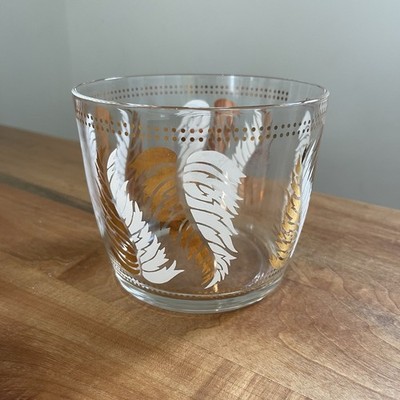 Vintage MCM Lex Kuznak Glass Ice Bucket Feather White Gold 5  x 4.5  Metallic