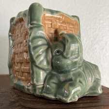 Vintage Majolica Glazed Trunk Up Elephant Good Luck Bamboo Bonsai Tree Asian