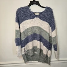 Altar'd State Fuzzy Sweater Pullover Women S Blue Striped Knit VNeck Long Sleeve
