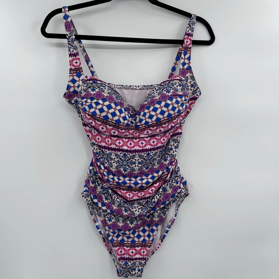 La Blanca Womens Slimming 1 Piece Swimsuit Size 10 Ruched Pink Purple Abstract - Image 2 of 4