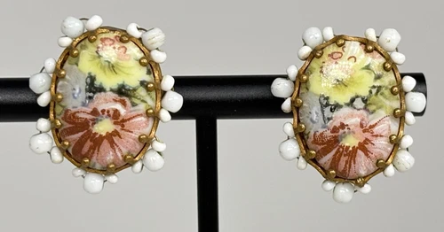 VTG Miriam Haskell Earrings Handpainted Porcelain Floral Beads Brass Clip Screw