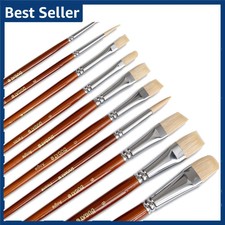Professional Hog Bristle Filbert Oil Paint Brushes Set, 10pcs Long Wooden Handle