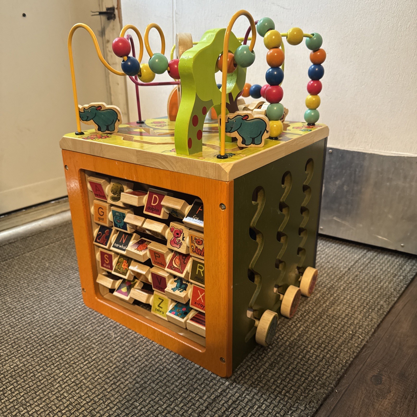 My Busy World ~ WOOD LEARNING ACTIVITY CUBE ~ Toy ~ABC’s , Matching , Pull Doors