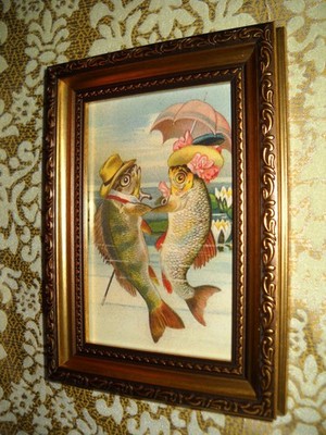 FISH COUPLE HOLD FINS 4 X 6 gold framed animal picture Victorian style print