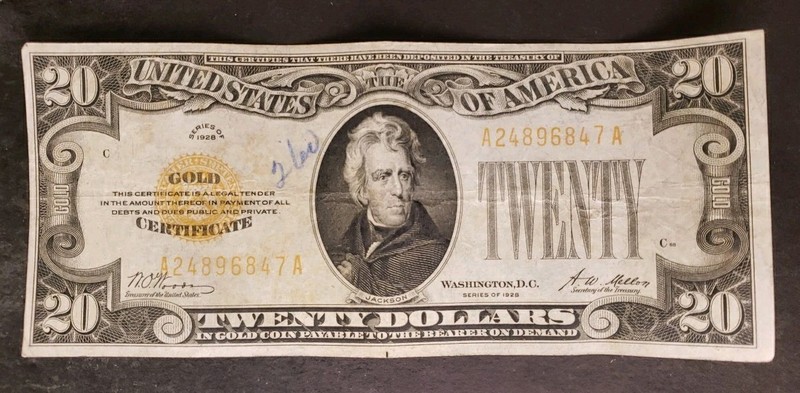 1928 $20 United States Gold Certificate Small Note