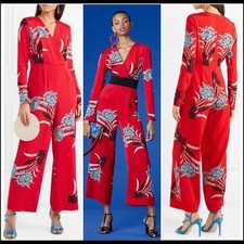 Diane Von Furstenberg Red Floral Print Crossover Farren Jumpsuit Size Medium