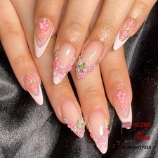 24Pcs 3D Flower Press on Nails - Medium Almond French Tip - Gold