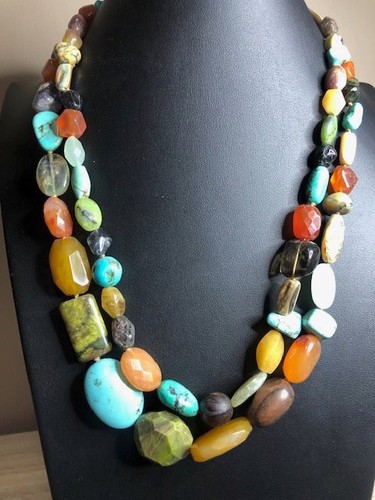B1993 Multi-Gem Stering silver oxidized 2-Strand Necklace 22" Turquoise Quartz