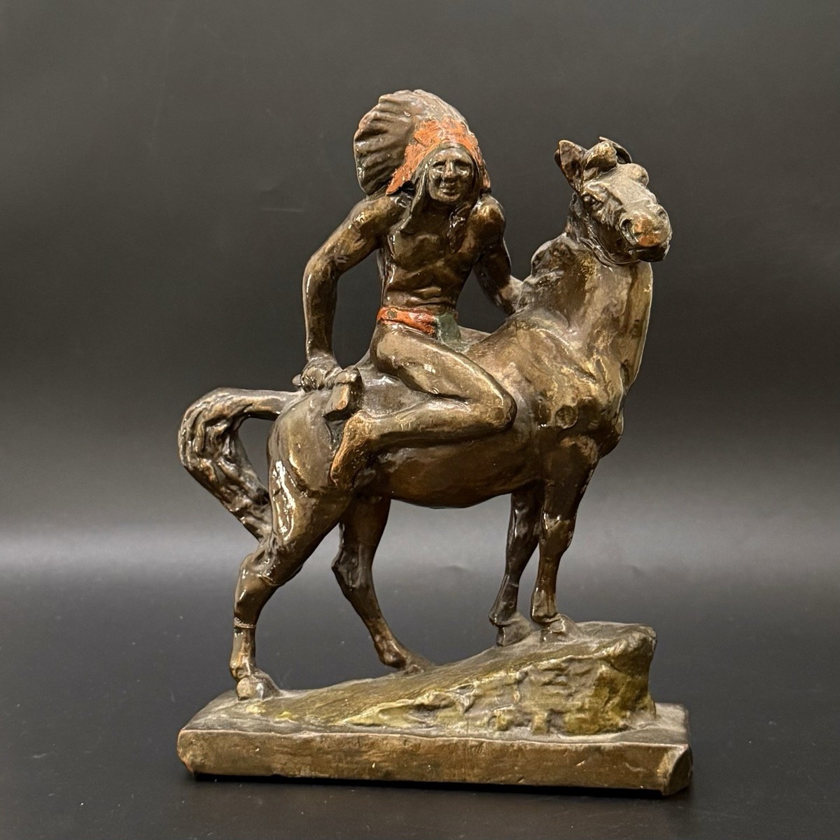 Vintage Paul Herzel American Indian On Horse Bronze Clad 8.5