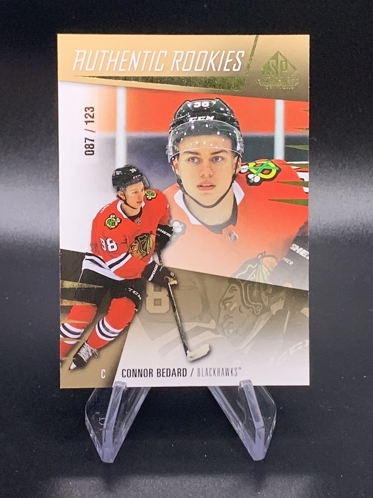 2023-24 UPPER DECK SP GAME USED AUTHENTIC ROOKIES GOLD #230 CONNOR BEDARD /123