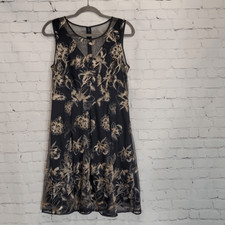 T Tahari navy blue and gold lace overlay midi dress
