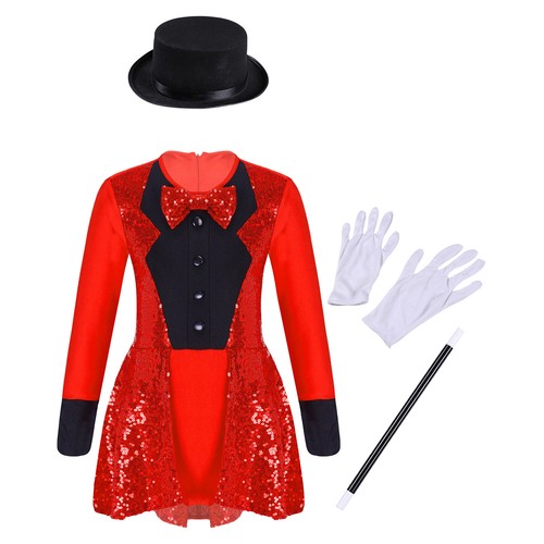 Niños Niñas Juego de Disfraces de Mago Leotardo Vestido con Sombrero Varita Mágica Guantes Cosplay - Imagen 18 de 37