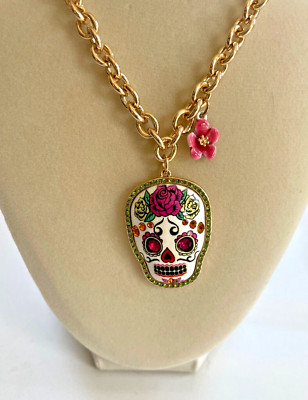 Betsey Johnson Gold Tone Rhinestone Sugar Skull Day of Dead Choker Necklace NWT