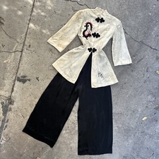Vintage 1930s 40s White Jacquard Satin Pajamas Dragon Lounge Set Playsuit 2 PC