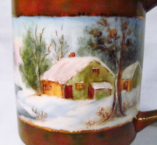Handbemalt 1981 signiert Porzellan Winter Schnee Hütte Szene Keramik Tasse - Bild 5 von 6