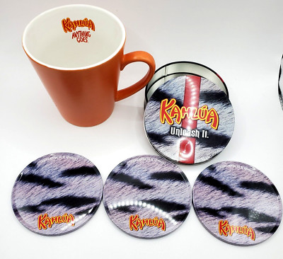 KAHLUA Orange Coffee Mug ANYTHING GOES and 3 Coaster Set With Storage UNLEASH IT