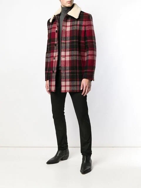 Cappotto a quadri Saint Laurent nuovo con etichette colletto shearling IT46 piccolo