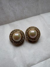 Christian Dior Vintage 1980s Round Pearl Crystal Clip Earrings Gold Finish