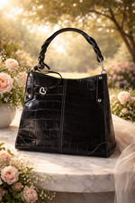 Brighton Classic Black Leather Croc Handbag Silver Hardware Heart Charm EUC