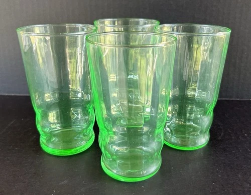 Uraium Green Depression Glass Depression Tumblers 4 3/4" Optic Panel Set of 4