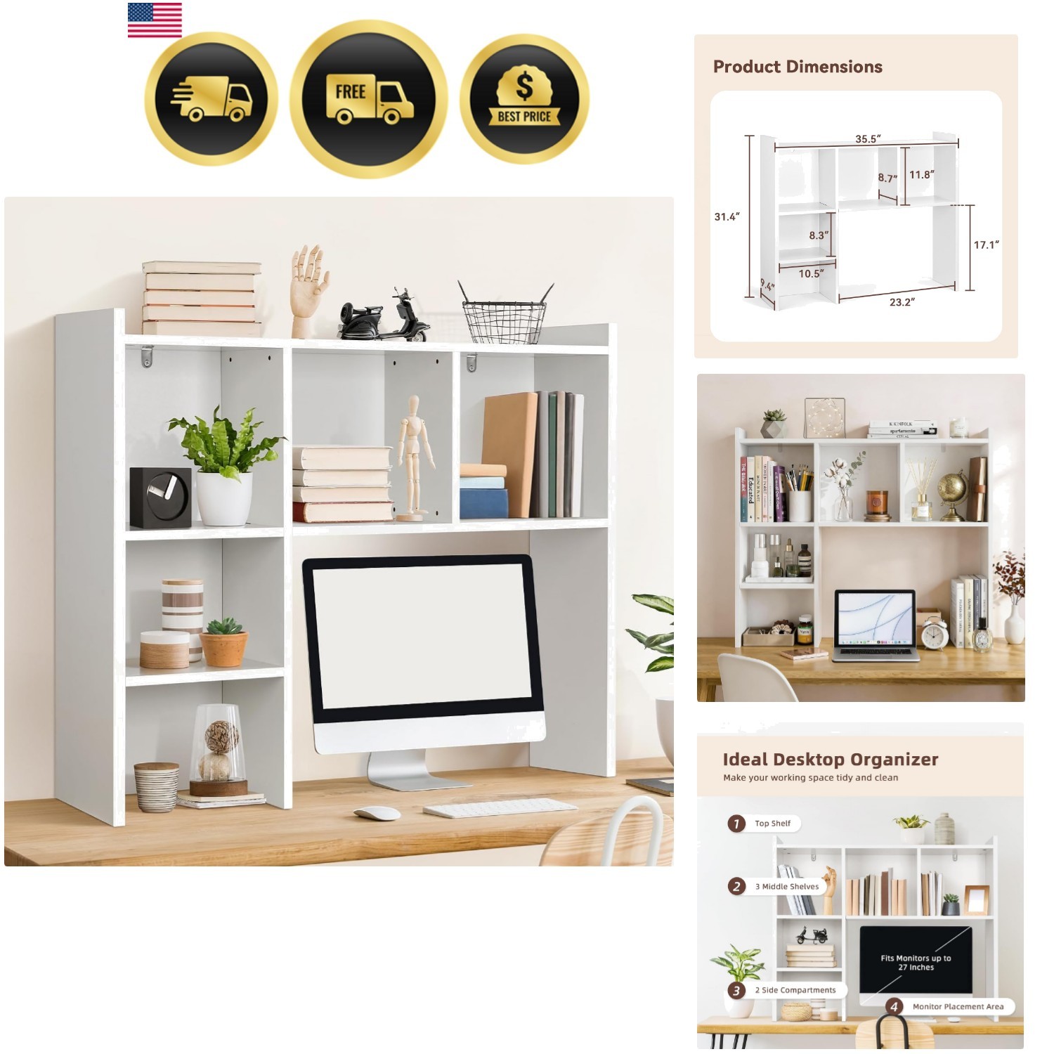 35.5" L Dorm Desk Hutch White, Desktop Bookshelf with 5 Shelves | Multipurpos...