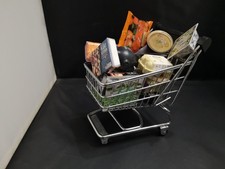 M&S MY LITTLE SHOP COLLECTIBLES TROLLEY AND 19 FOOD ITEMS AND PIGGY BANK--T66