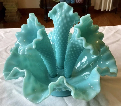 "HARD TO FIND" VINTAGE FENTON ART GLASS TURQUOISE PASTEL HOBNAIL EPERGNE
