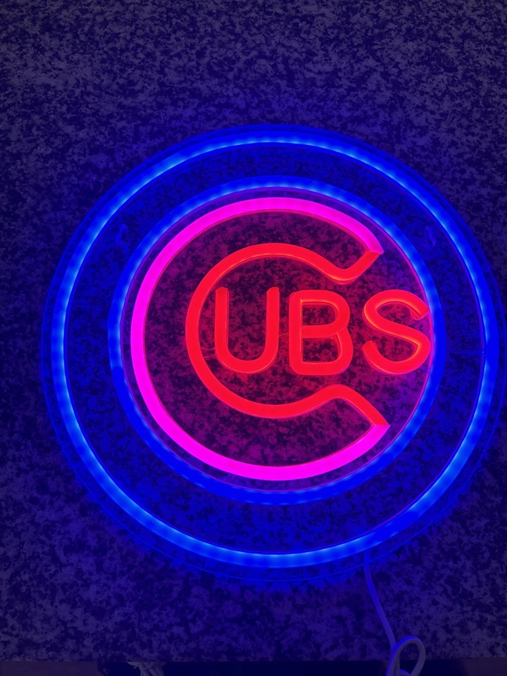 Chicago Cubs Baseball Red, Pink & Blue Light up Logo Sign For Any Room Or Bar - Image 2 of 4