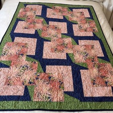Handmade Patchwork Quilt Lap Throw Blue Green Pink Chrysanthemum 57x44