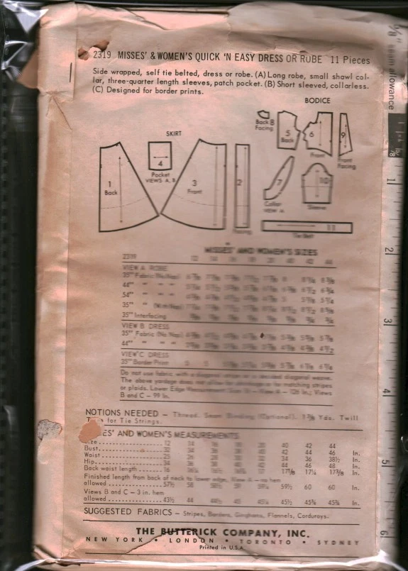 2319 Vintage Butterick Sewing Pattern Misses 1960s Quick Easy Dress Robe 18 OOP - Image 2 of 2