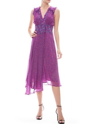 ba&sh Purple Floral Midi Dress Medium V Neck Pleated Boho Romantic Fairy