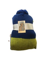 Blue Green Knitted Winter Hat Scarf Set Pom Pom NWT